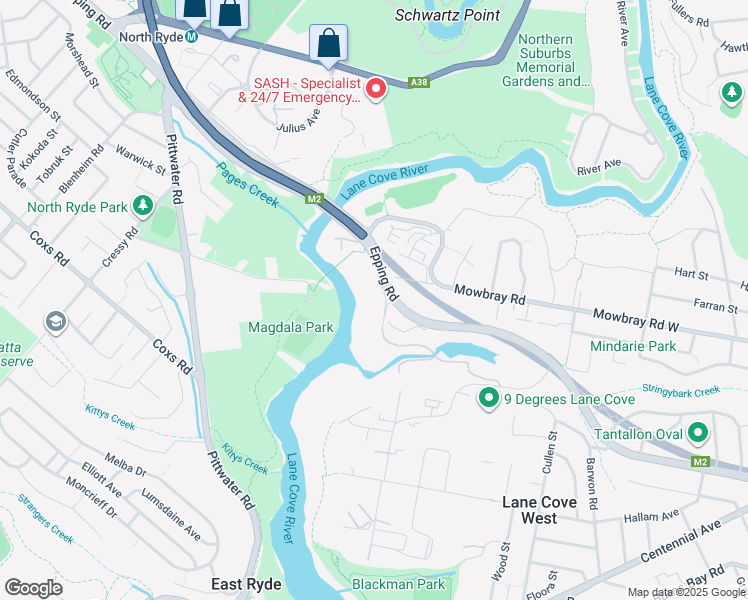 map of restaurants, bars, coffee shops, grocery stores, and more near 166 Epping Road in Lane Cove West