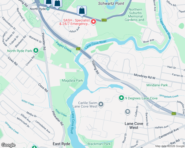 map of restaurants, bars, coffee shops, grocery stores, and more near 166 Epping Road in Lane Cove West