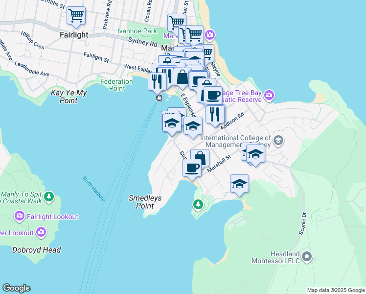 map of restaurants, bars, coffee shops, grocery stores, and more near 13 Stuart Street in Manly