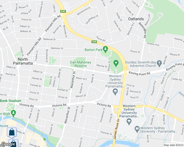 map of restaurants, bars, coffee shops, grocery stores, and more near 9 Webb Street in North Parramatta