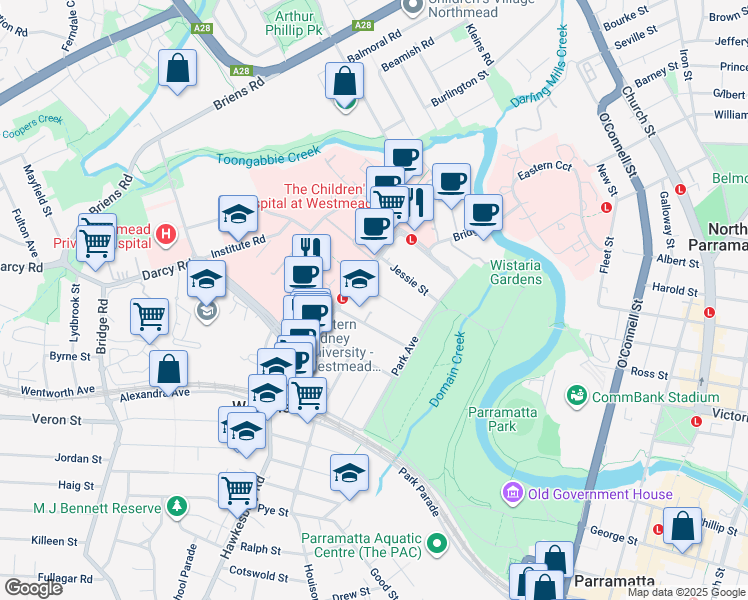 map of restaurants, bars, coffee shops, grocery stores, and more near 22 Helen Street in Westmead