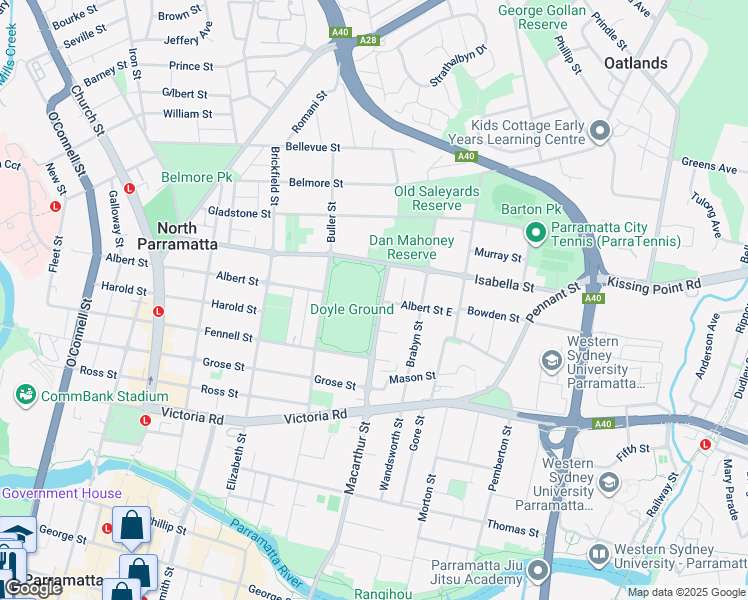 map of restaurants, bars, coffee shops, grocery stores, and more near 12 Buller Street in North Parramatta