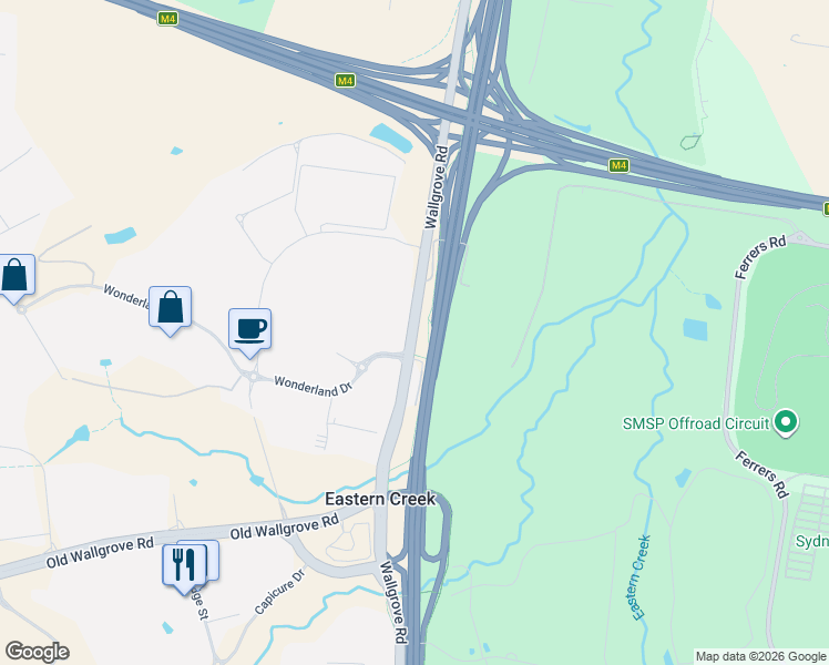 map of restaurants, bars, coffee shops, grocery stores, and more near Wallgrove Road in Eastern Creek