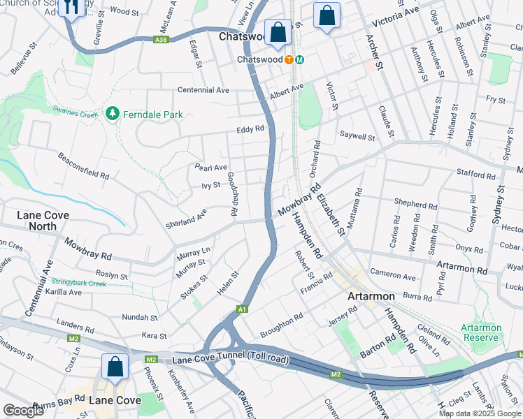 map of restaurants, bars, coffee shops, grocery stores, and more near 524 Pacific Highway in Chatswood