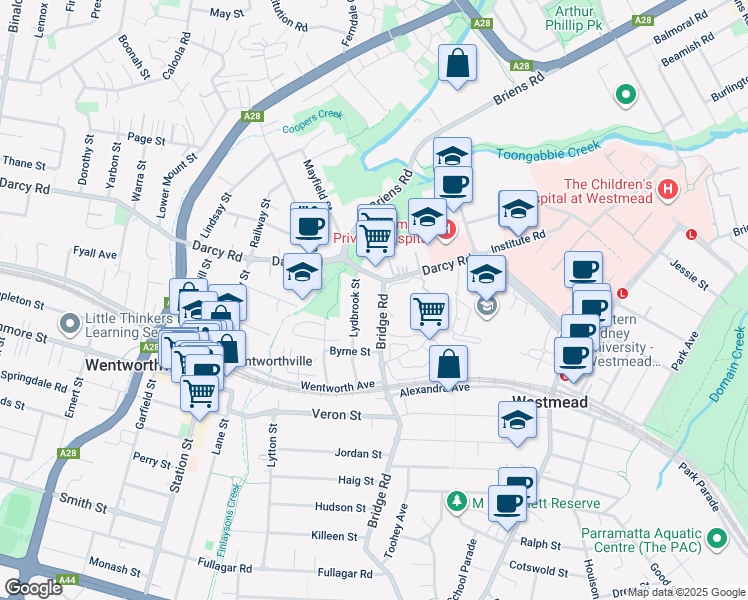 map of restaurants, bars, coffee shops, grocery stores, and more near 178-182 Bridge Road in Wentworthville