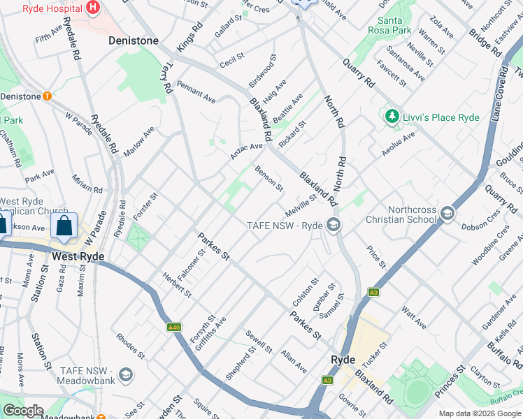 map of restaurants, bars, coffee shops, grocery stores, and more near 32 Clarke Street in West Ryde