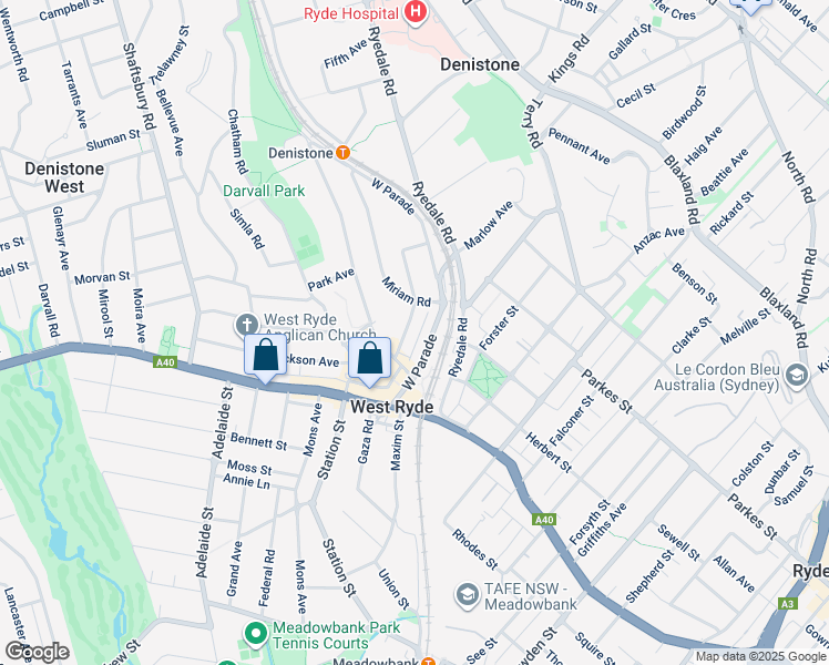 map of restaurants, bars, coffee shops, grocery stores, and more near 11 Reserve Street in West Ryde