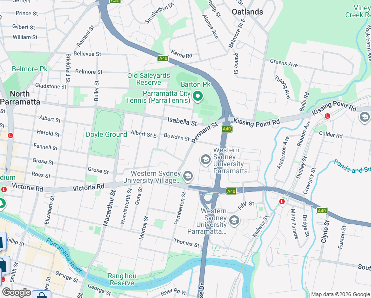 map of restaurants, bars, coffee shops, grocery stores, and more near 178 Pennant Street in North Parramatta