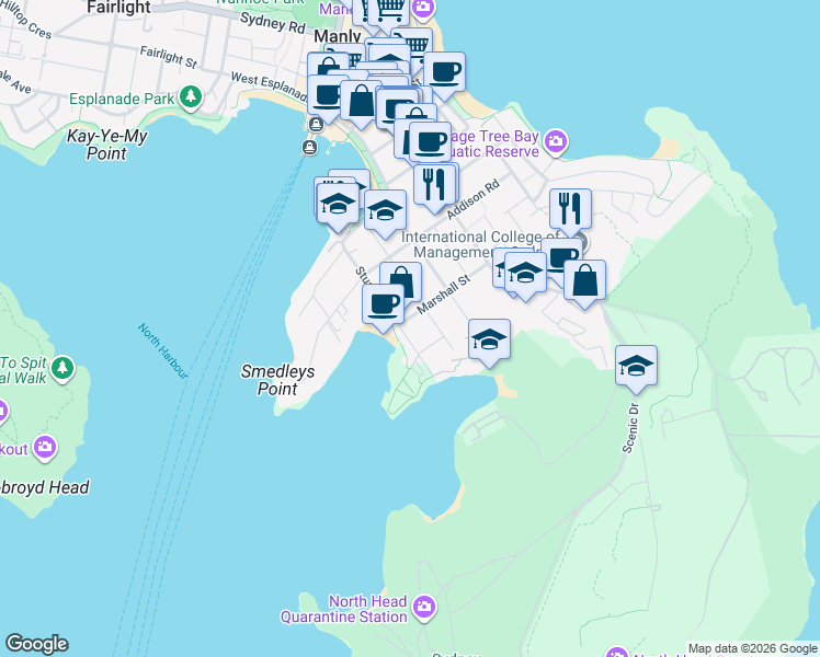 map of restaurants, bars, coffee shops, grocery stores, and more near 59 Stuart Street in Manly