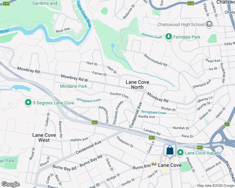 map of restaurants, bars, coffee shops, grocery stores, and more near Gordon Crescent in Lane Cove North