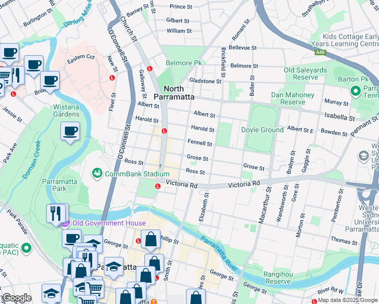 map of restaurants, bars, coffee shops, grocery stores, and more near 50 Grose Street in North Parramatta
