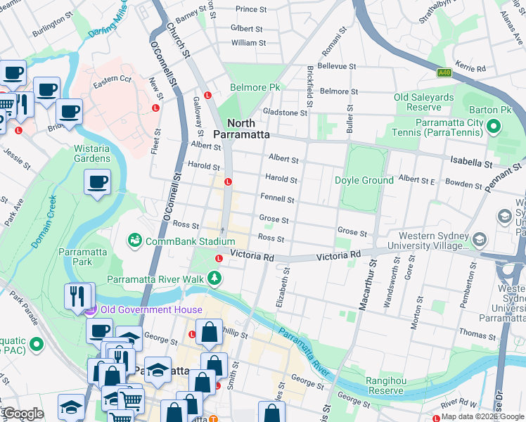map of restaurants, bars, coffee shops, grocery stores, and more near 50 Grose Street in North Parramatta