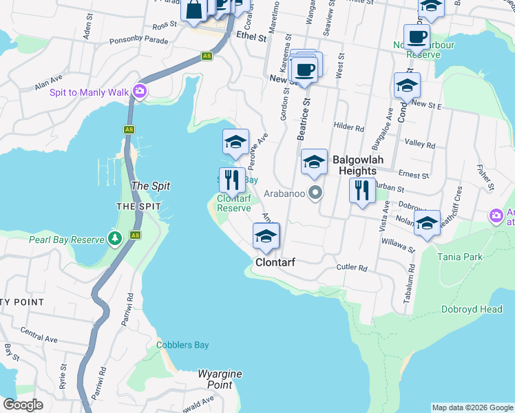 map of restaurants, bars, coffee shops, grocery stores, and more near 1 Holmes Avenue in Clontarf