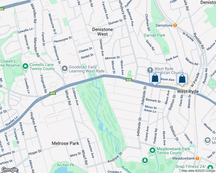 map of restaurants, bars, coffee shops, grocery stores, and more near 60 Hay Street in West Ryde