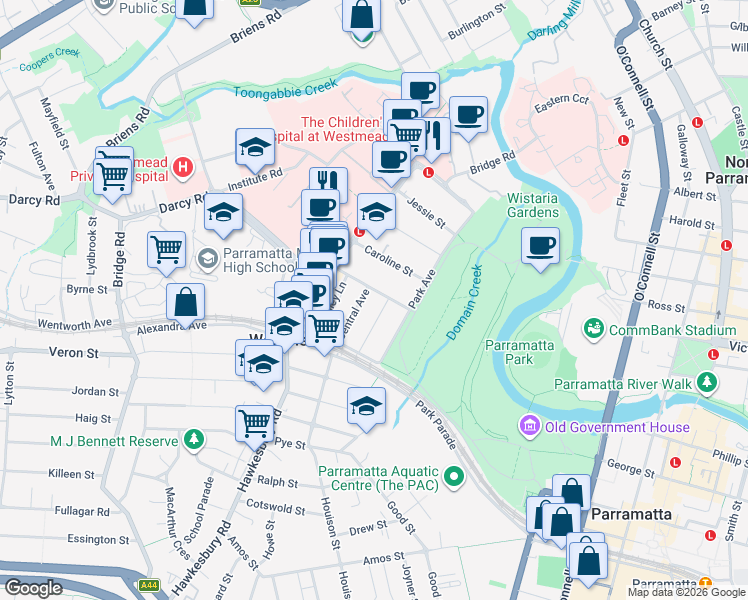map of restaurants, bars, coffee shops, grocery stores, and more near 16 Queens Road in Westmead