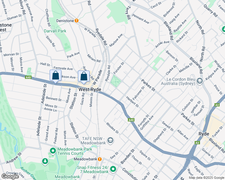 map of restaurants, bars, coffee shops, grocery stores, and more near 97 Anzac Avenue in West Ryde