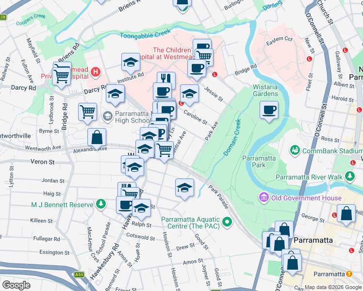 map of restaurants, bars, coffee shops, grocery stores, and more near 15 Central Avenue in Westmead