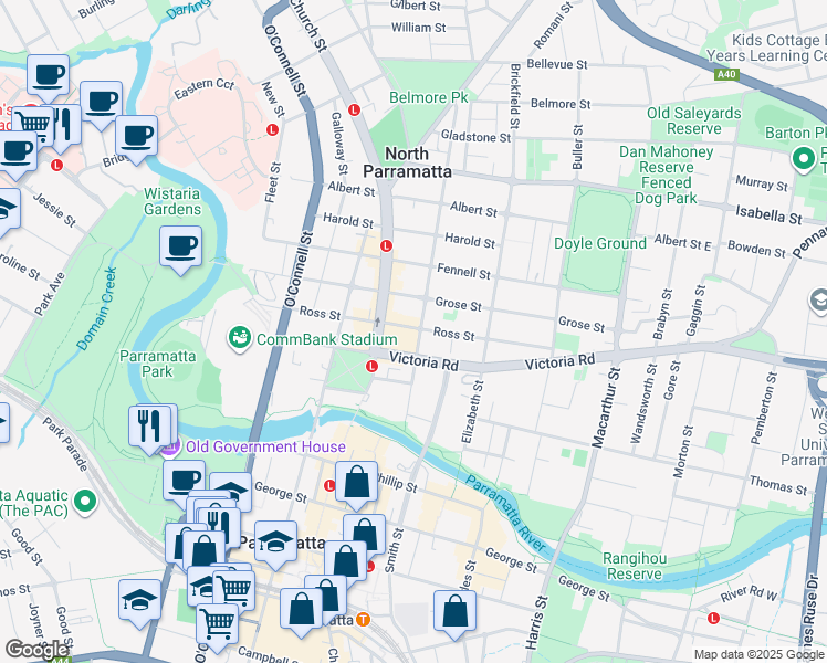 map of restaurants, bars, coffee shops, grocery stores, and more near 20 Victoria Road in Parramatta
