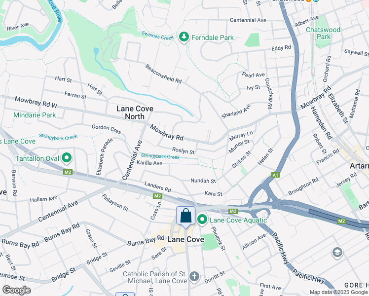map of restaurants, bars, coffee shops, grocery stores, and more near 11 Roslyn Street in Lane Cove North