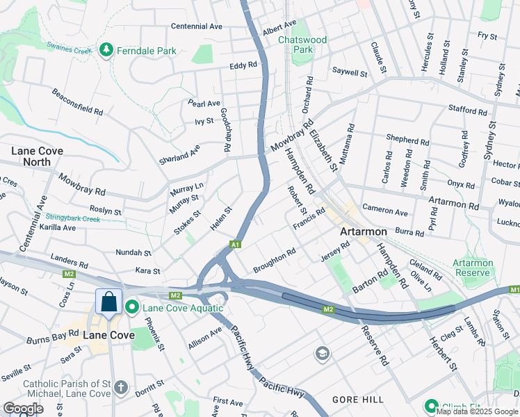 map of restaurants, bars, coffee shops, grocery stores, and more near 21 Eric Road in Artarmon