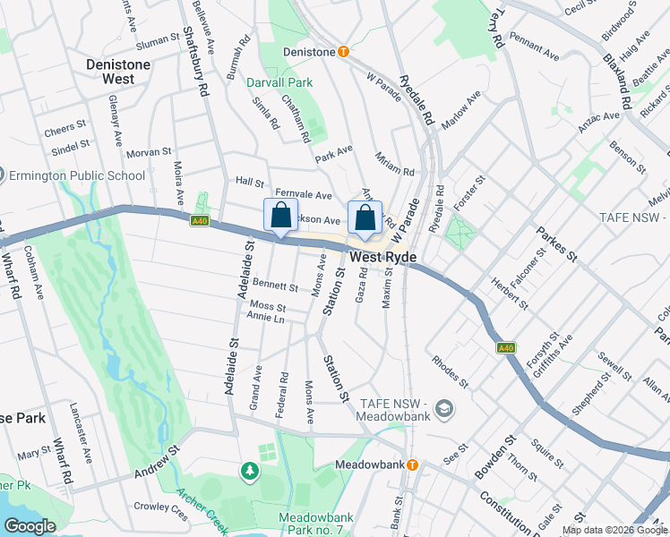 map of restaurants, bars, coffee shops, grocery stores, and more near 1-5 Station Street in West Ryde