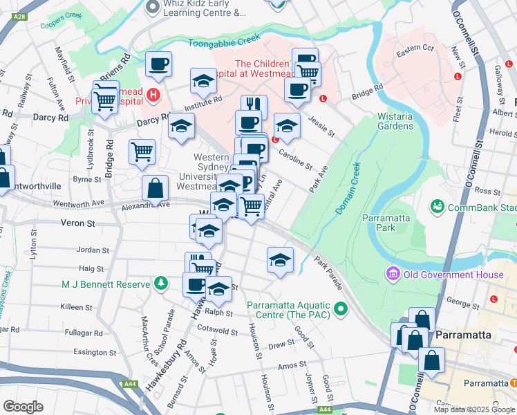 map of restaurants, bars, coffee shops, grocery stores, and more near 6 Central Avenue in Westmead