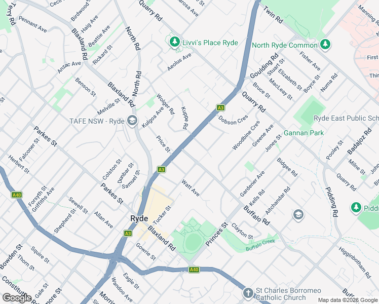 map of restaurants, bars, coffee shops, grocery stores, and more near 249 Buffalo Road in Ryde