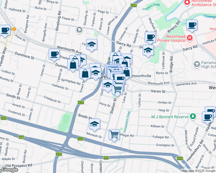 map of restaurants, bars, coffee shops, grocery stores, and more near 13 Pritchard Street East in Wentworthville