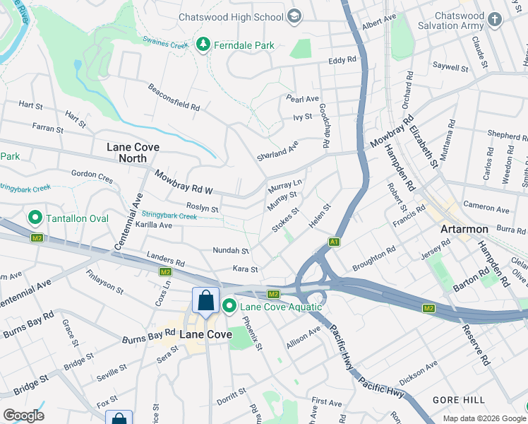 map of restaurants, bars, coffee shops, grocery stores, and more near Murray Street in Lane Cove North