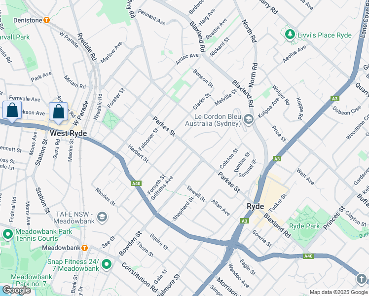 map of restaurants, bars, coffee shops, grocery stores, and more near 70 Parkes Street in West Ryde