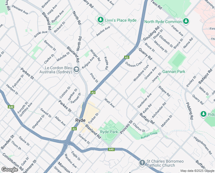 map of restaurants, bars, coffee shops, grocery stores, and more near 244 Buffalo Road in Ryde