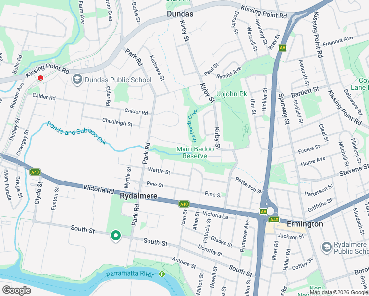 map of restaurants, bars, coffee shops, grocery stores, and more near 19 Parkland Avenue in Rydalmere