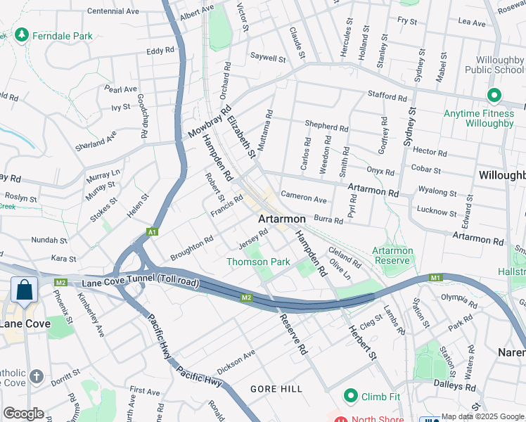 map of restaurants, bars, coffee shops, grocery stores, and more near 92 Hampden Road in Artarmon
