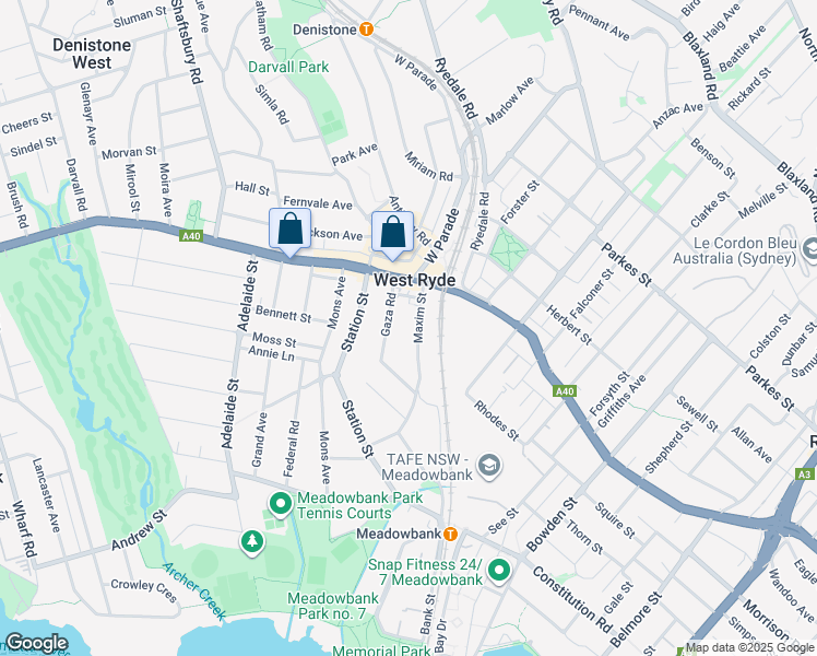 map of restaurants, bars, coffee shops, grocery stores, and more near 11 Maxim Street in West Ryde