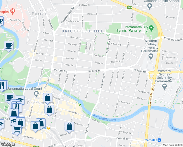 map of restaurants, bars, coffee shops, grocery stores, and more near 55 Victoria Road in Parramatta