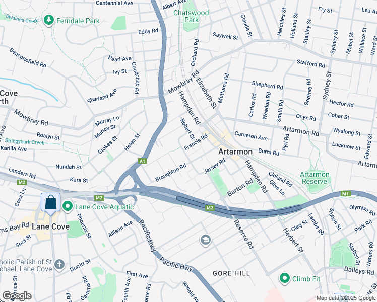 map of restaurants, bars, coffee shops, grocery stores, and more near 6 Francis Road in Artarmon