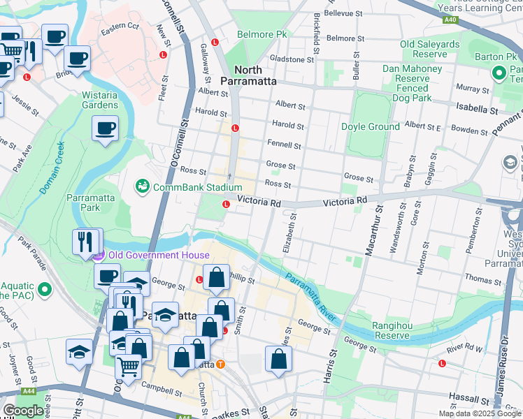 map of restaurants, bars, coffee shops, grocery stores, and more near 13 Victoria Road in Parramatta