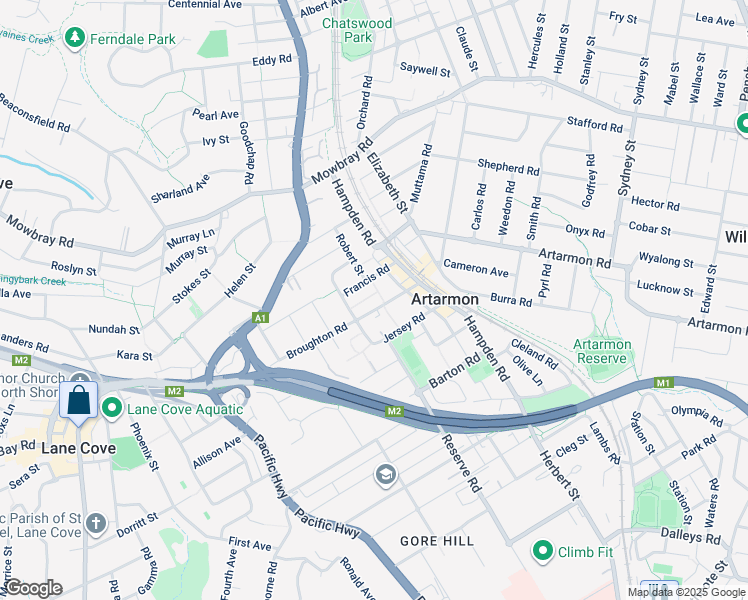 map of restaurants, bars, coffee shops, grocery stores, and more near 5 Broughton Road in Artarmon