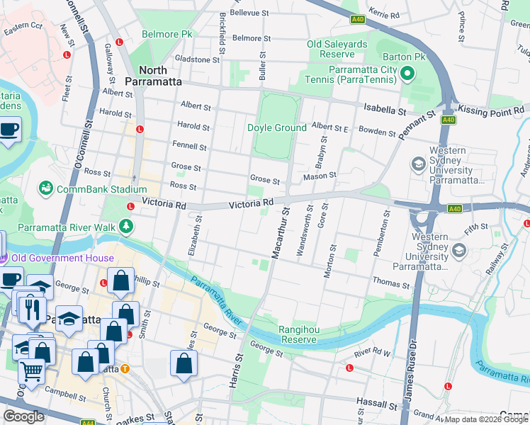 map of restaurants, bars, coffee shops, grocery stores, and more near 69 Victoria Road in Parramatta