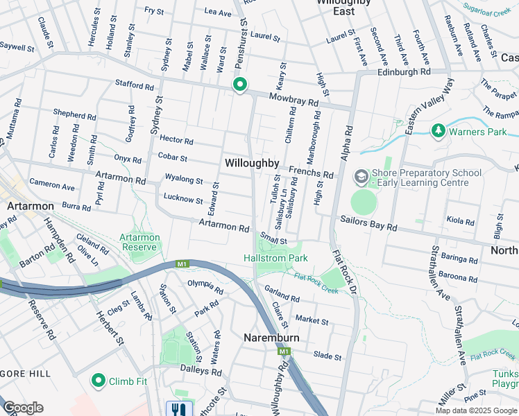 map of restaurants, bars, coffee shops, grocery stores, and more near 453 Willoughby Road in Willoughby