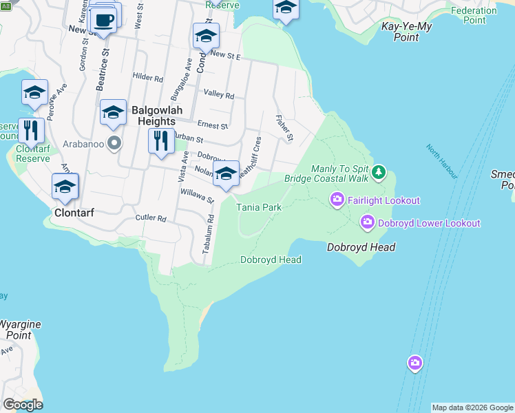 map of restaurants, bars, coffee shops, grocery stores, and more near 2 Bareena Drive in Balgowlah Heights