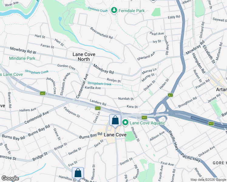 map of restaurants, bars, coffee shops, grocery stores, and more near 47 Karilla Avenue in Lane Cove North