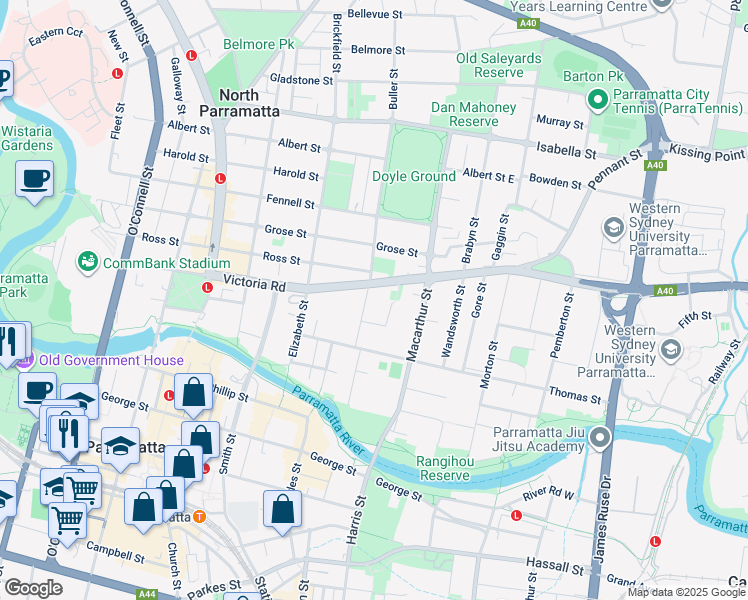 map of restaurants, bars, coffee shops, grocery stores, and more near 18 Betts Street in Parramatta
