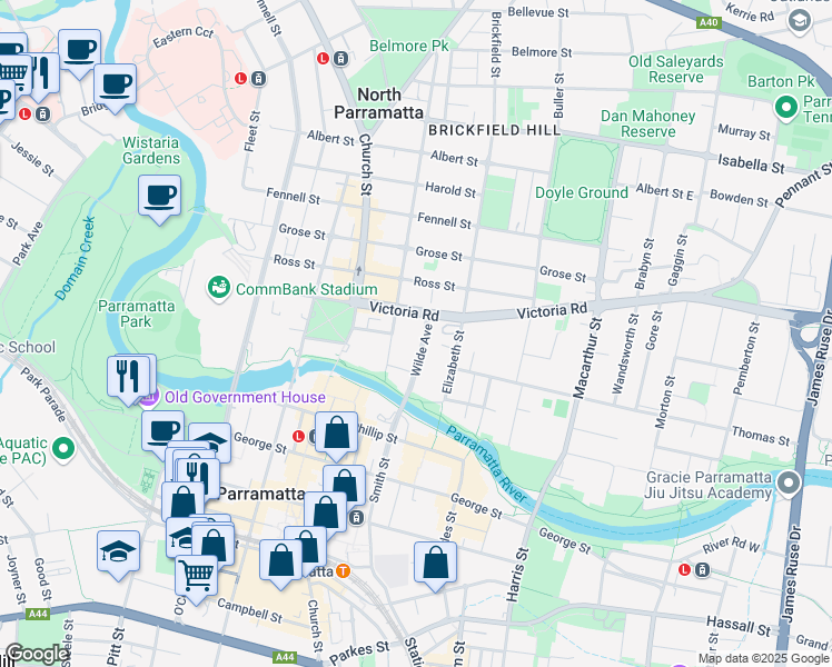 map of restaurants, bars, coffee shops, grocery stores, and more near 18 Sorrell Street in Parramatta