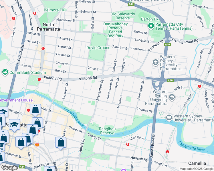 map of restaurants, bars, coffee shops, grocery stores, and more near 68 Macarthur Street in Parramatta