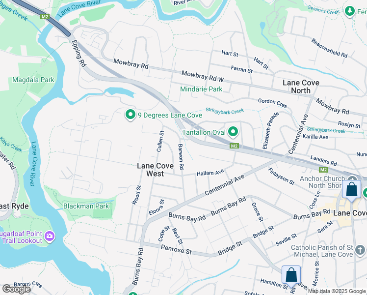 map of restaurants, bars, coffee shops, grocery stores, and more near 30 Barwon Road in Lane Cove West
