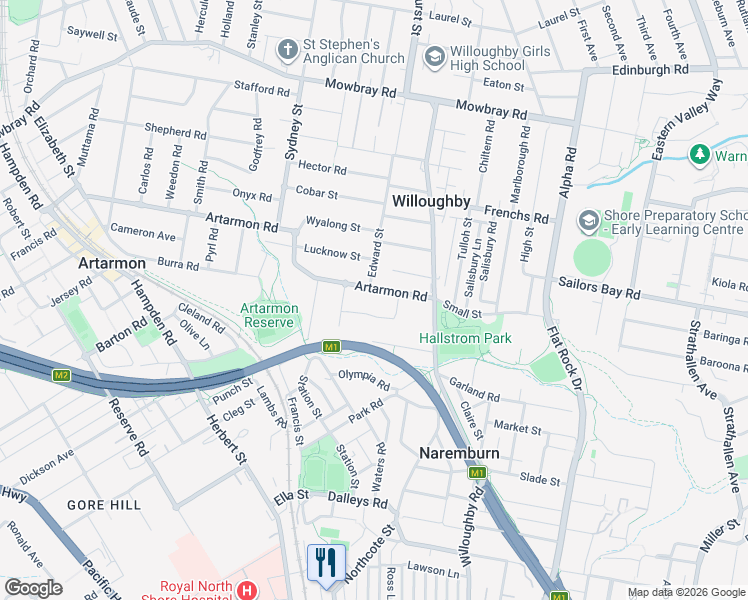 map of restaurants, bars, coffee shops, grocery stores, and more near 24 Artarmon Road in Willoughby