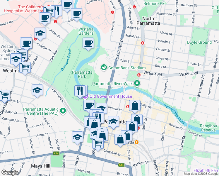 map of restaurants, bars, coffee shops, grocery stores, and more near O'Connell Street in Parramatta