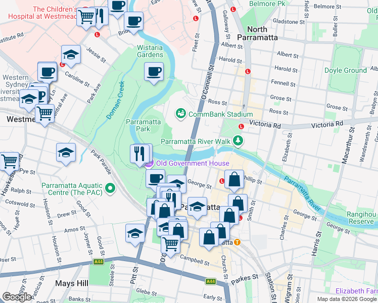 map of restaurants, bars, coffee shops, grocery stores, and more near O'Connell Street in Parramatta