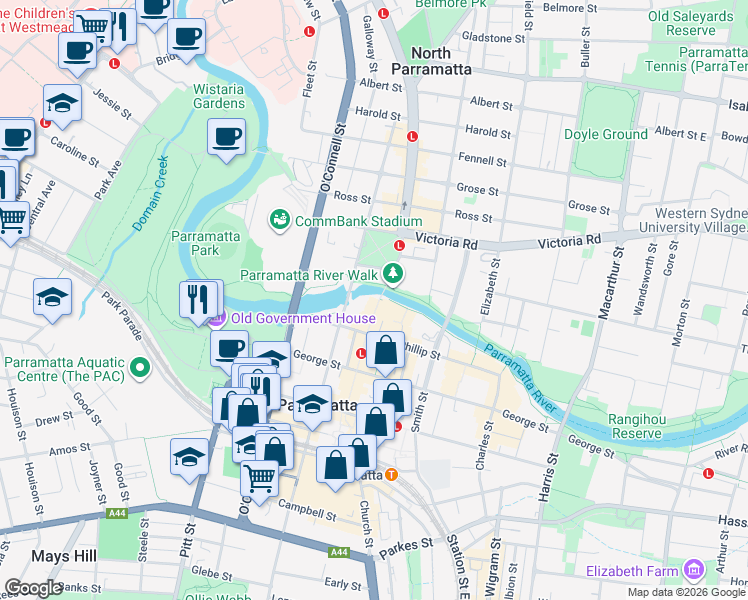 map of restaurants, bars, coffee shops, grocery stores, and more near 333 Church Street in Parramatta